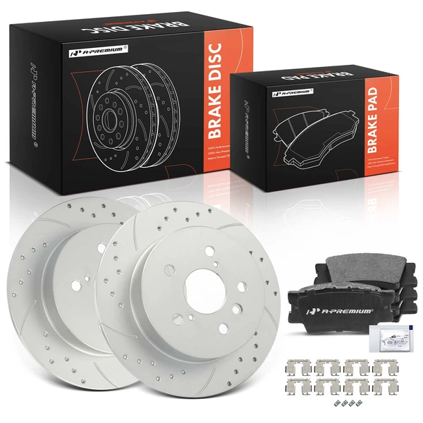 Drilled & Slotted Disc Brake Rotors and Ceramic Pads Kit, 6 Pcs, Rear Driver & Passenger, A-Premium, APBRPS1528