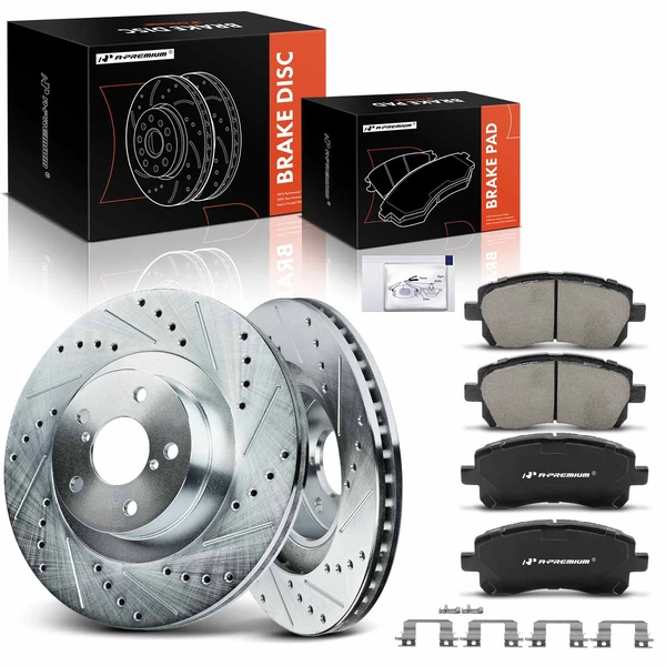 2002-2005 Subaru Legacy Drilled & Slotted Disc Brake Rotors and Ceramic Pads Kit, 6 Pcs, Front Driver & Passenger, A-Premium, APBRPS986
