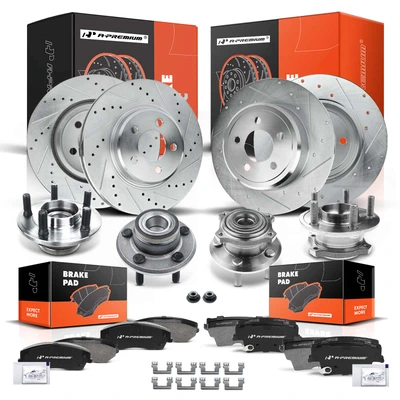 16 Pcs Front & Rear Drilled Brake Rotor & Pads + Wheel Hub Bearing