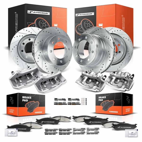 16 Pcs Front & Rear Drilled Brake Rotors & Pads + Brake Calipers for Dodge Ram 1500 2500 3500