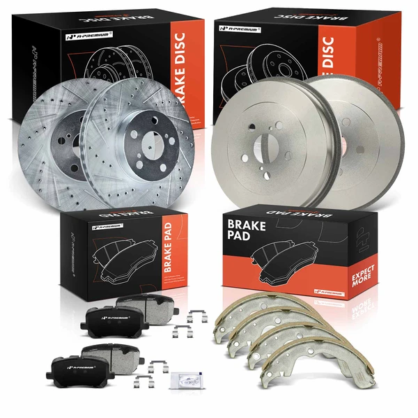 Drilled & Slotted Front Disc Brake Rotors & Pads + Rear Drums & Shoes Kit, 12 Pcs, Front & Rear, A-Premium, APBRPS1533