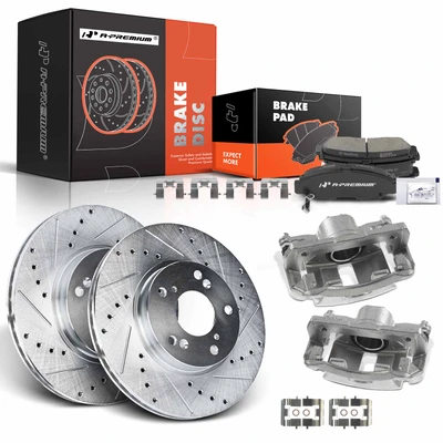 8 Pcs Front Drilled Brake Rotors & Pads + Brake Calipers