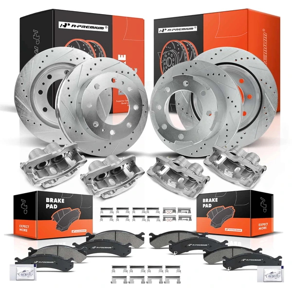 16 Pcs Front & Rear Drilled Brake Rotors & Pads + Brake Calipers for Chevy Silverado 3500 20406 GMC