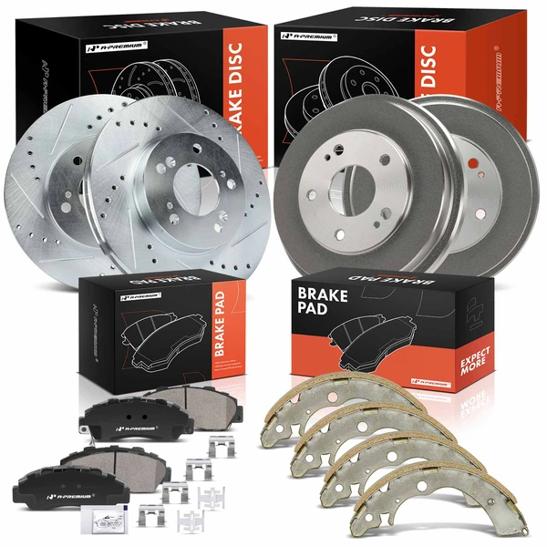 Drilled & Slotted Front Disc Brake Rotors & Pads + Rear Drums & Shoes Kit, 12 Pcs, Front & Rear, A-Premium, APBRPS1534