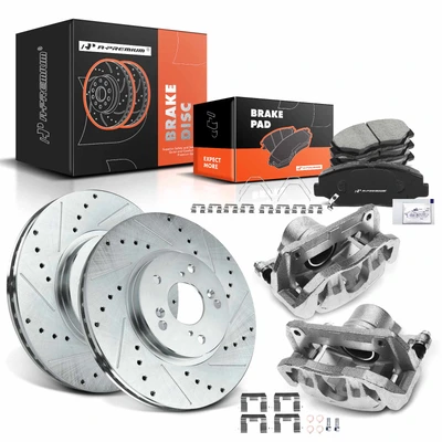 8 Pcs Front Drilled Brake Rotors & Pads + Brake Calipers