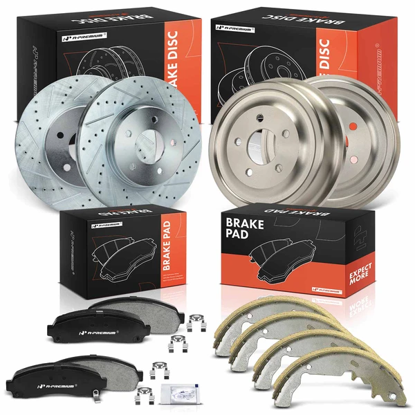 Drilled & Slotted Front Disc Brake Rotors & Pads + Rear Drums & Shoes Kit, 12 Pcs, Front & Rear, A-Premium, APBRPS1535