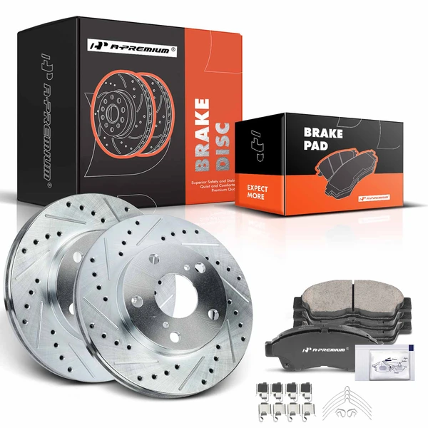 1992-2001 Toyota Camry Drilled & Slotted Disc Brake Rotors and Ceramic Pads Kit, 6 Pcs, Front Driver & Passenger, A-Premium, APBRPS634