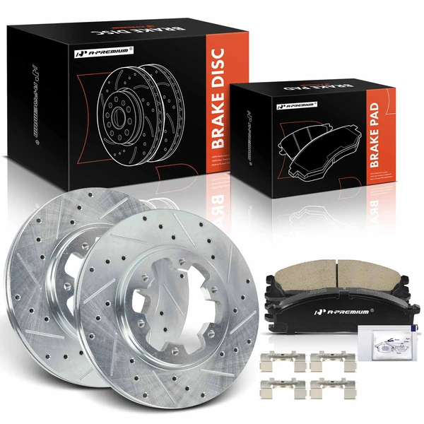 1986-1994 Nissan D21 Drilled & Slotted Disc Brake Rotors and Ceramic Pads Kit, 6 Pcs, Front Driver & Passenger, A-Premium, APBRPS1536
