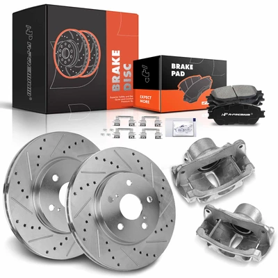 8 Pcs Front Drilled Brake Rotors & Pads + Brake Calipers for 2004-2010 Toyota Sienna