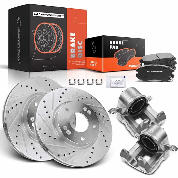 8 Pcs Front Drilled Brake Rotors & Pads + Brake Calipers for Kia Sportage 05-10 Hyundai