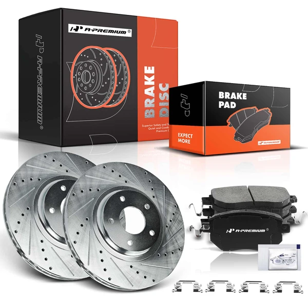 2003-2005 INFINITI FX35 Drilled & Slotted Disc Brake Rotors and Ceramic Pads Kit, 6 Pcs, Front Driver & Passenger, A-Premium, APBRPS644