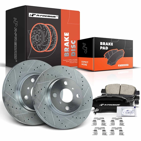 2004-2006 Scion xA Drilled & Slotted Disc Brake Rotors and Ceramic Pads Kit, 6 Pcs, Front Driver & Passenger, A-Premium, APBRPS645