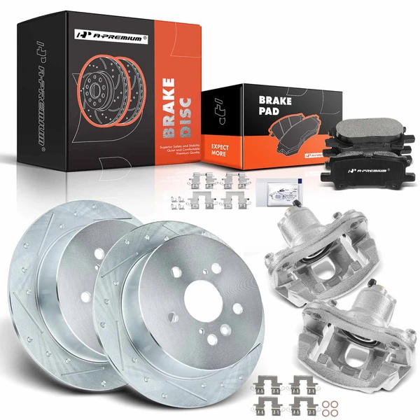 8 Pcs Rear Drilled Brake Rotors & Pads + Brake Calipers for Toyota Highlander Lexus RX330