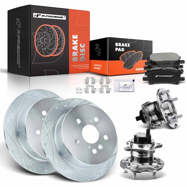 8 Pcs Rear Drilled Brake Rotor & Pads + Wheel Hub Bearing for Toyota Highlander 04-07 Lexus FWD