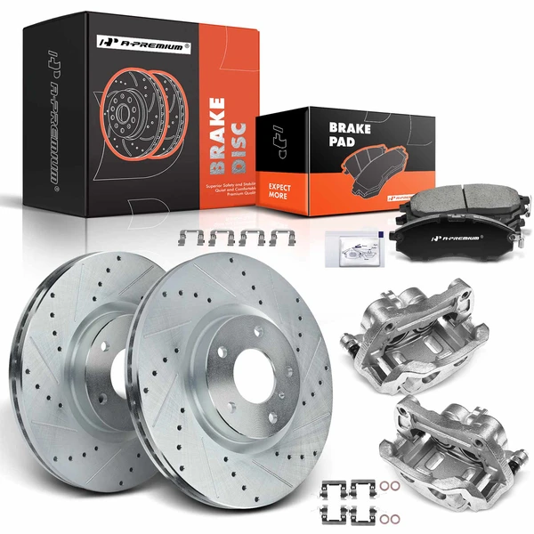 8 Pcs Front Drilled Brake Rotors & Pads + Brake Calipers for 2006-2010 INFINITI M45