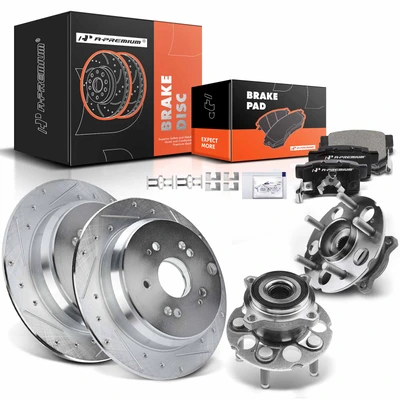 8 Pcs Rear Drilled Brake Rotor & Pads + Wheel Hub Bearing