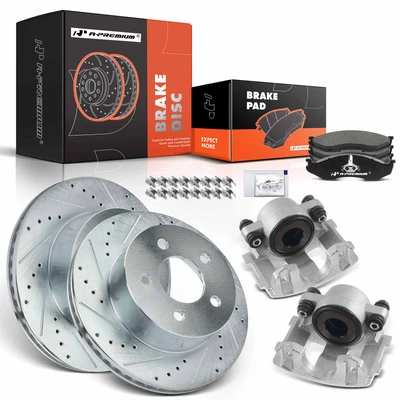 8 Pcs Front Drilled Brake Rotors & Pads + Brake Calipers