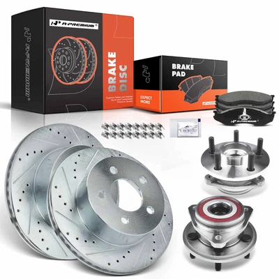 8 Pcs Front Drilled Brake Rotor & Pads + Wheel Hub Bearing