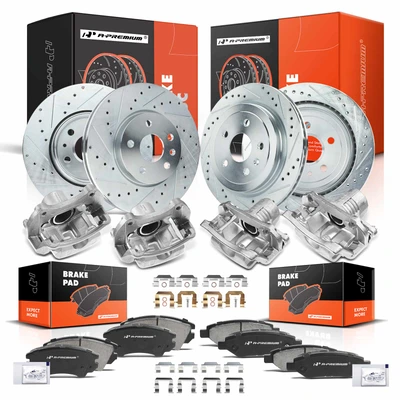 16 Pcs Front & Rear Drilled Brake Rotors & Pads + Brake Calipers