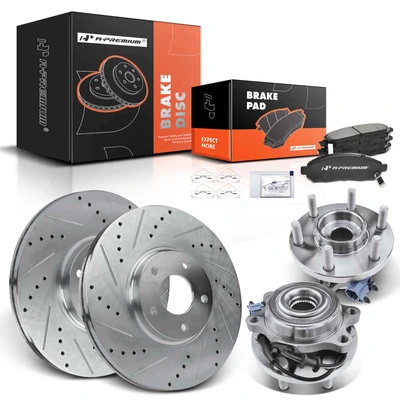 8 Pcs Front Drilled Brake Rotor & Pads + Wheel Hub Bearing