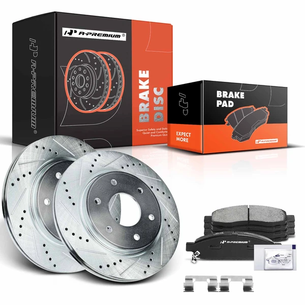 2005-2007 Nissan TITAN Drilled & Slotted Disc Brake Rotors and Ceramic Pads Kit, 6 Pcs, Front Driver & Passenger, A-Premium, APBRPS665
