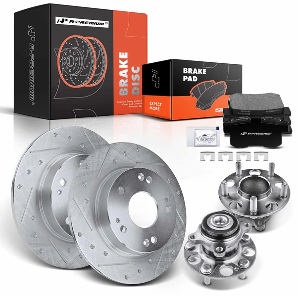 8 Pcs Rear Drilled Brake Rotor & Pads + Wheel Hub Bearing for Honda Civic 06-11 Acura CSX