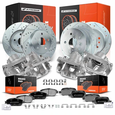 16 Pcs Front & Rear Drilled Brake Rotors & Pads + Brake Calipers