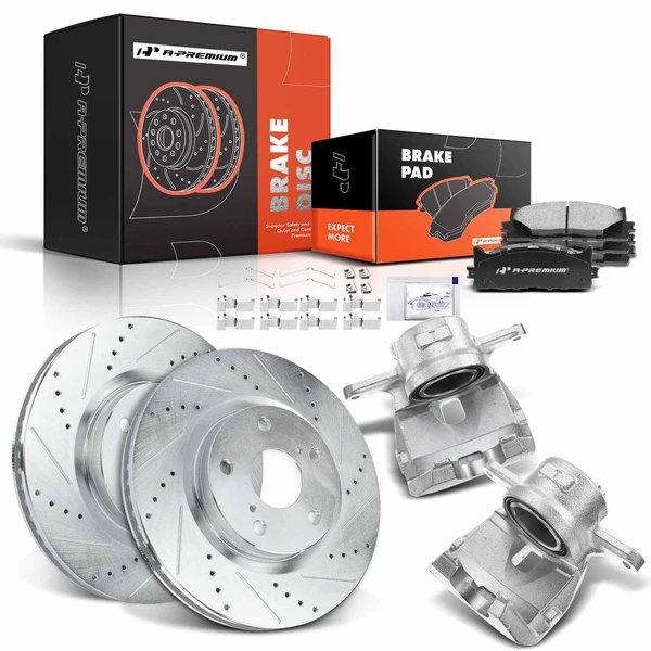 2008-2018 Toyota Avalon Drilled & Slotted Disc Brake Rotors and Ceramic Pads Kit with Calipers, 8 Pcs, Front Driver & Passenger, A-Premium, APBRPS493
