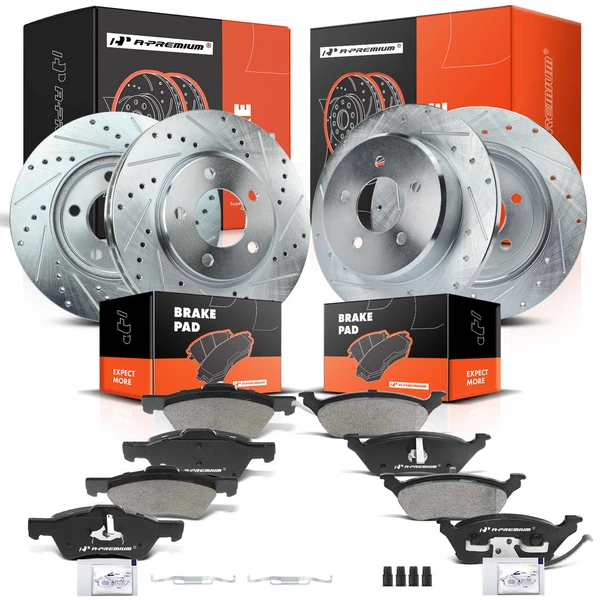 2003 Chrysler Voyager Drilled & Slotted Disc Brake Rotors and Ceramic Pads Kit, 12 Pcs, Front & Rear, A-Premium, APBRPS671