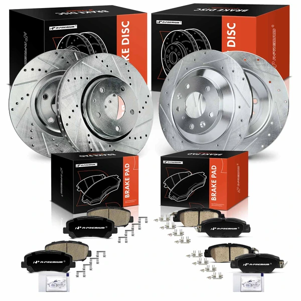 Drilled & Slotted Disc Brake Rotors and Ceramic Pads Kit, 12 Pcs, Front & Rear, A-Premium, APBRPS1336