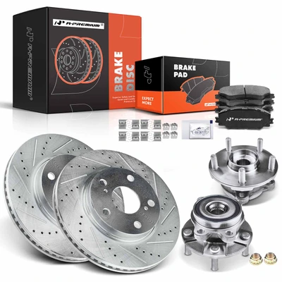 8 Pcs Front Drilled Brake Rotor & Pads + Wheel Hub Bearing