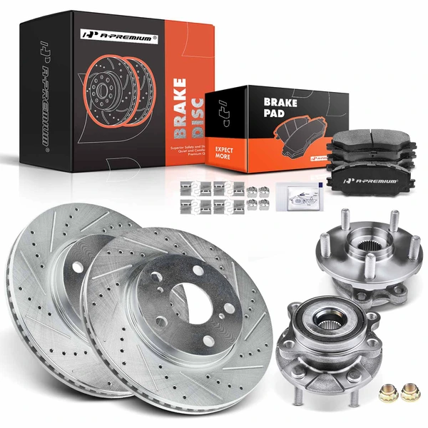 8 Pcs Front Drilled Brake Rotor & Pads + Wheel Hub Bearing for Toyota RAV4 2013-2018