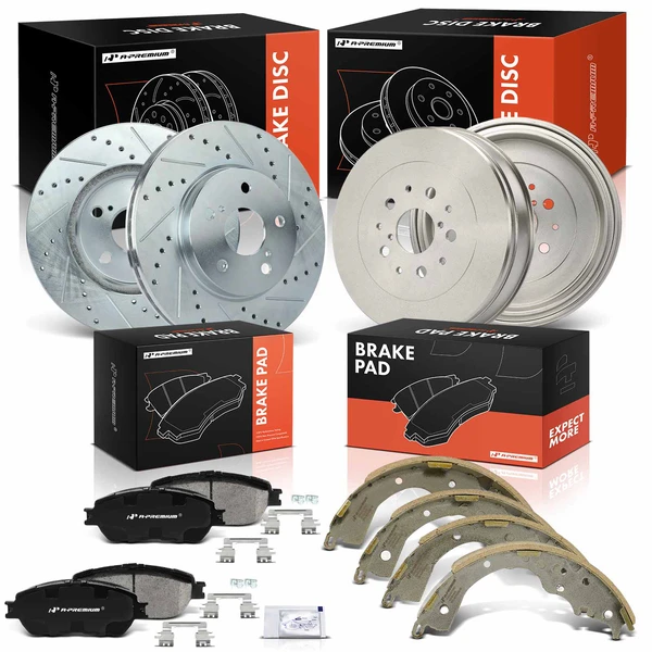 Drilled & Slotted Front Disc Brake Rotors & Pads + Rear Drums & Shoes Kit, 12 Pcs, Front & Rear, A-Premium, APBRPS1542
