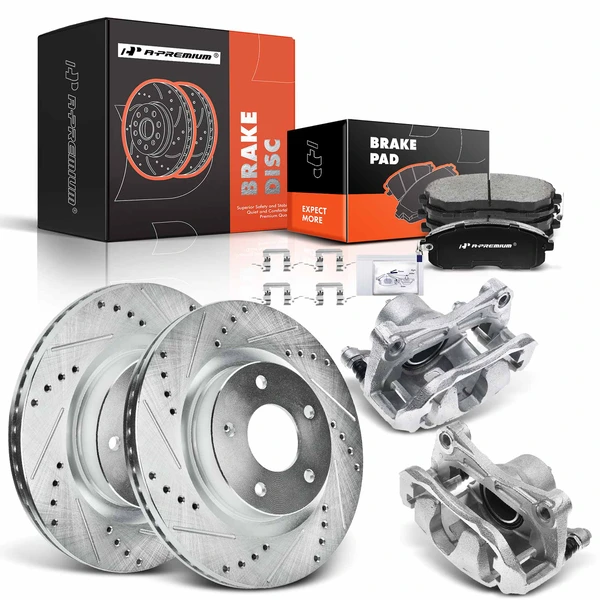 2007-2010 Nissan Altima Drilled & Slotted Disc Brake Rotors and Ceramic Pads Kit with Calipers, 8 Pcs, Front Driver & Passenger, A-Premium, APBRPS494