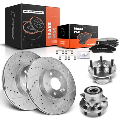 8 Pcs Front Drilled Brake Rotor & Pads + Wheel Hub Bearing