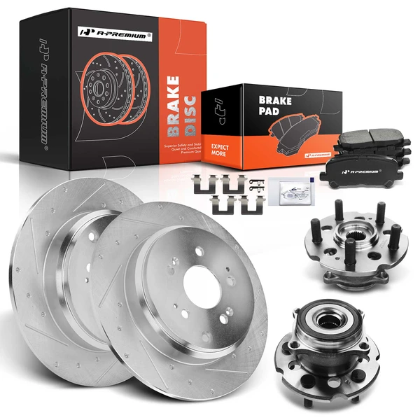 8 Pcs Rear Drilled Brake Rotor & Pads + Wheel Hub Bearing for Honda Pilot 09-15 Acura MDX