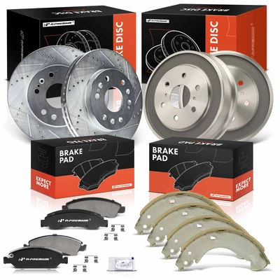 12 Pcs Front & Rear Drilled Brake Rotors & Ceramic Brake Pads & Rear Brake Drums & Brake Shoes