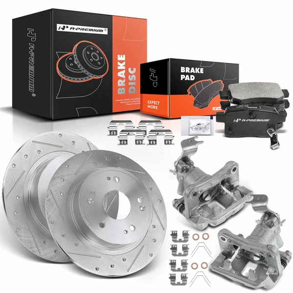 Drilled & Slotted Disc Brake Rotors and Ceramic Pads Kit with Calipers, 8 Pcs, Rear Driver & Passenger, A-Premium, APBRPS555
