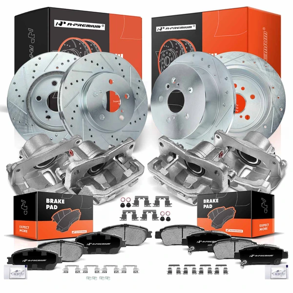 16 Pcs Front & Rear Drilled Brake Rotors & Pads + Brake Calipers for Toyota Sienna 04-10