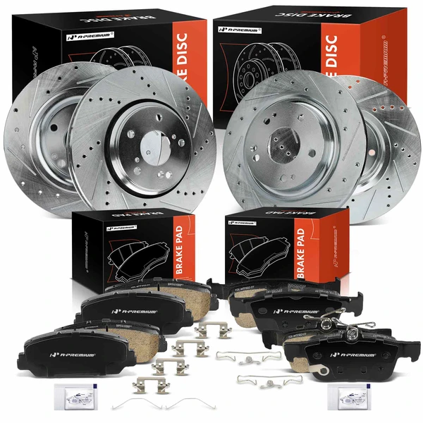 Drilled & Slotted Disc Brake Rotors and Ceramic Pads Kit, 12 Pcs, Front & Rear, A-Premium, APBRPS1340