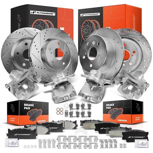 16 Pcs Front & Rear Drilled Brake Rotors & Pads + Brake Calipers for 2013-2018 Lexus ES350