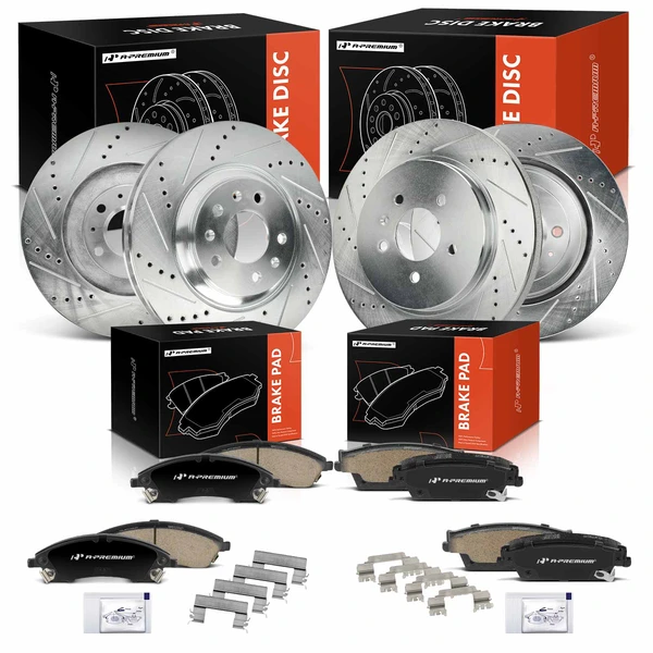 2006-2007 Cadillac CTS Drilled & Slotted Disc Brake Rotors and Ceramic Pads Kit, 12 Pcs, Front & Rear, A-Premium, APBRPS1343