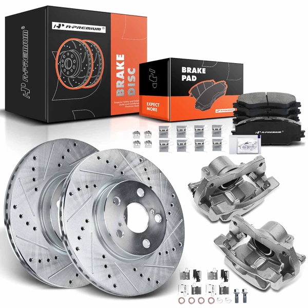 8 Pcs Front Drilled Brake Rotors & Pads + Brake Calipers for 2009-2019 Toyota Corolla