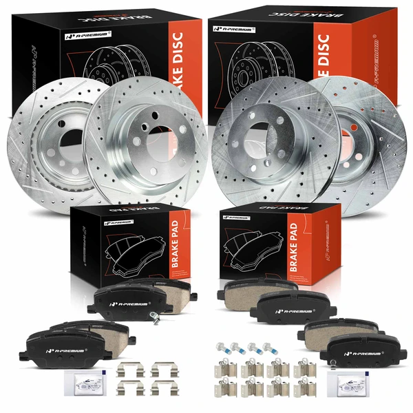 2017-2022 Jeep Compass Drilled & Slotted Disc Brake Rotors and Ceramic Pads Kit, 12 Pcs, Front & Rear, A-Premium, APBRPS1547