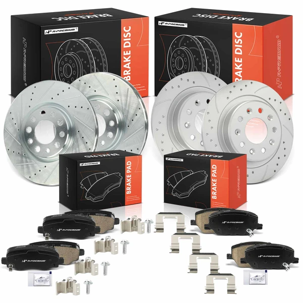 Drilled & Slotted Disc Brake Rotors and Ceramic Pads Kit, 12 Pcs, Front & Rear, A-Premium, APBRPS1545