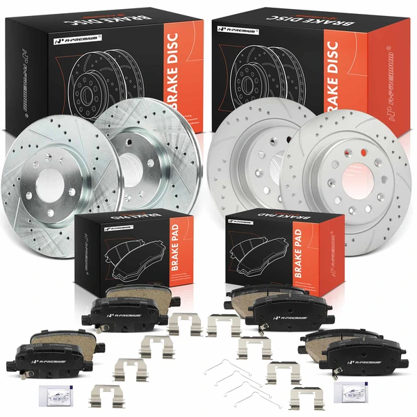Drilled & Slotted Disc Brake Rotors and Ceramic Pads Kit, 12 Pcs, Front & Rear, A-Premium, APBRPS1548