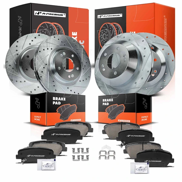 2016-2019 Kia Sorento Drilled & Slotted Disc Brake Rotors and Ceramic Pads Kit, 12 Pcs, Front & Rear, A-Premium, APBRPS1046