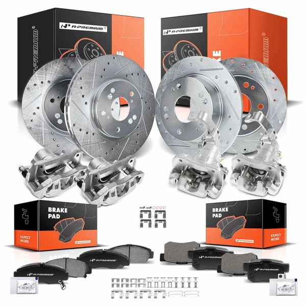 16 Pcs Front & Rear Drilled Brake Rotors & Pads + Brake Calipers for Acura TSX 2004-2008