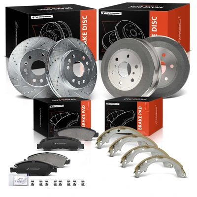 12 Pcs Front Drilled Brake Rotors Pads & Rear Brake Drums Shoes