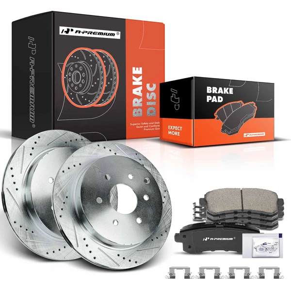 2011-2013 INFINITI QX56 Drilled & Slotted Disc Brake Rotors and Ceramic Pads Kit, 6 Pcs, Rear Driver & Passenger, A-Premium, APBRPS1016